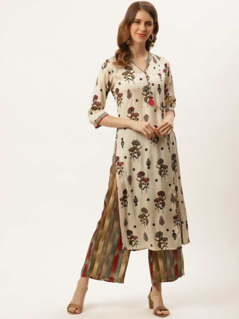 

Laabha Women Beige & Brown Pure Silk Printed Kurta with Palazzos