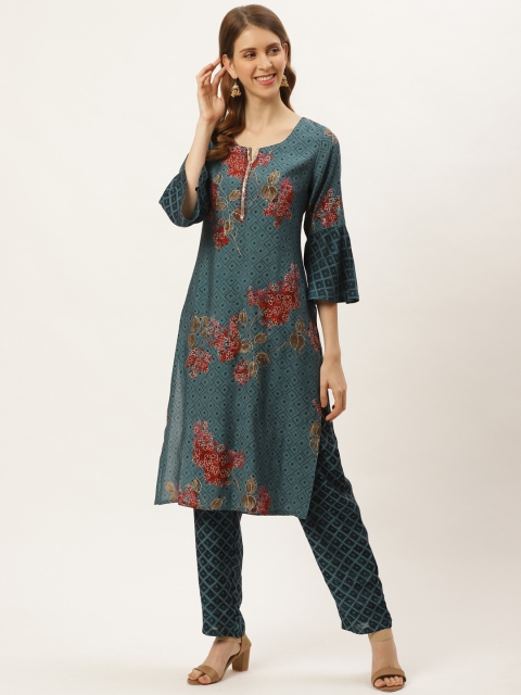 

Laabha Women Charcoal Grey & Navy Blue Floral Print Kurta with Trousers