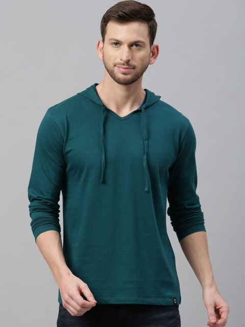 

Urbano Fashion Men Teal Green Solid Slim Fit Hood Pure Cotton T-shirt