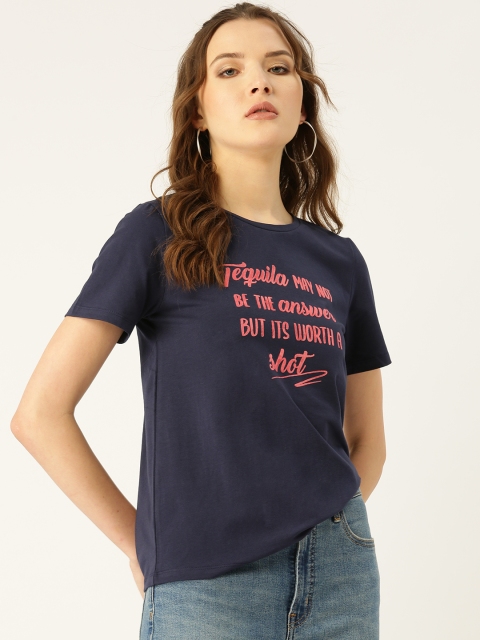 

COVER STORY Women Navy Blue & Pink Printed Round Neck T-shirt