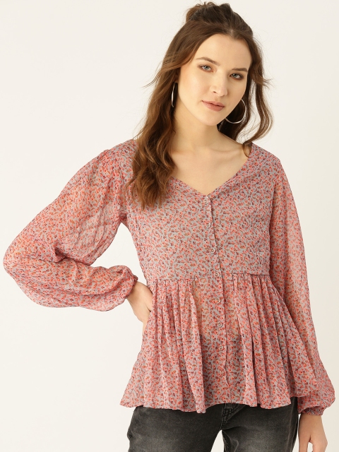 

COVER STORY Women Grey & Coral Red Floral Print A-Line Top