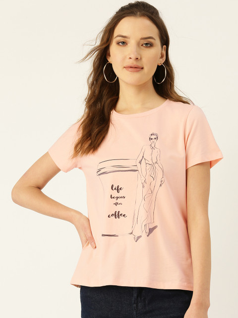 

COVER STORY Women Peach-Coloured & Black Printed Round Neck T-shirt