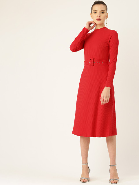 

COVER STORY Women Red Ribbed A-Line Dress