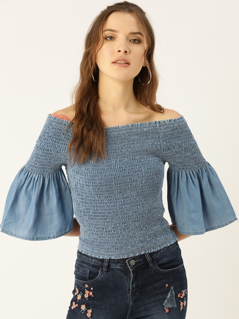 

COVER STORY Women Blue Smocked Fitted Top