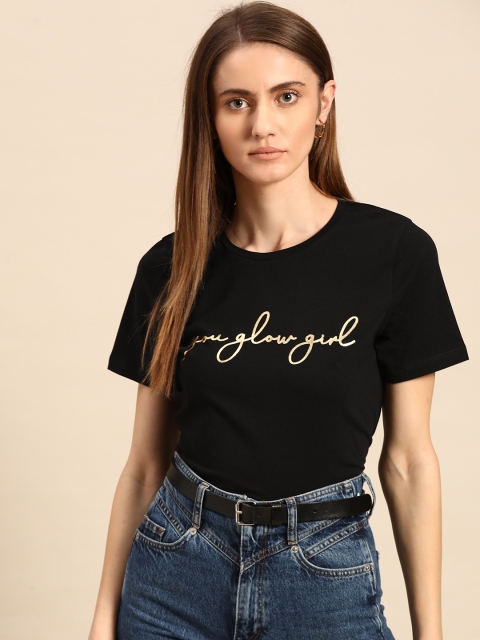 

COVER STORY Women Black & Golden Printed Round Neck T-shirt