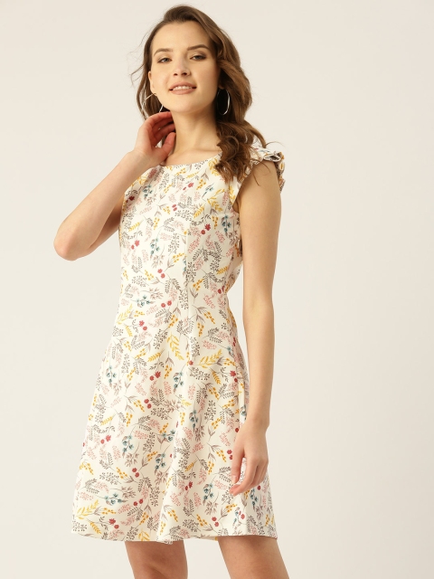 

COVER STORY Women Off-White & Yellow Printed Fit & Flare Dress