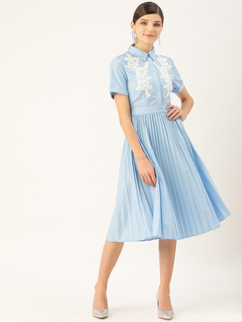 

COVER STORY Women Blue Accordion Pleat Embroidered Shirt Dress