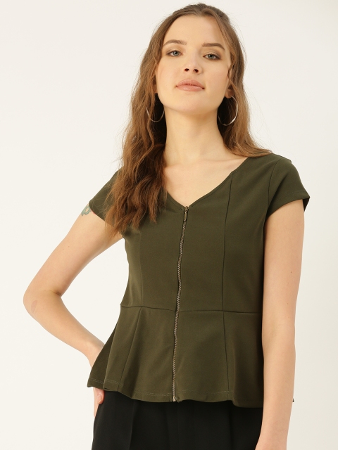 

COVER STORY Women Olive Green Solid Peplum Top