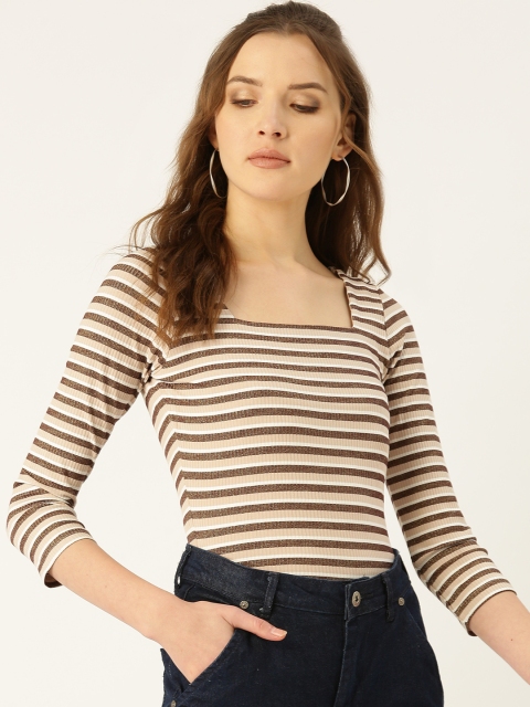 

COVER STORY Women Beige & Brown Ribbed Striped Fitted Top