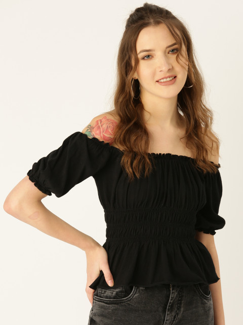 

COVER STORY Women Black Solid Off-Shoulder Cinched Waist Top