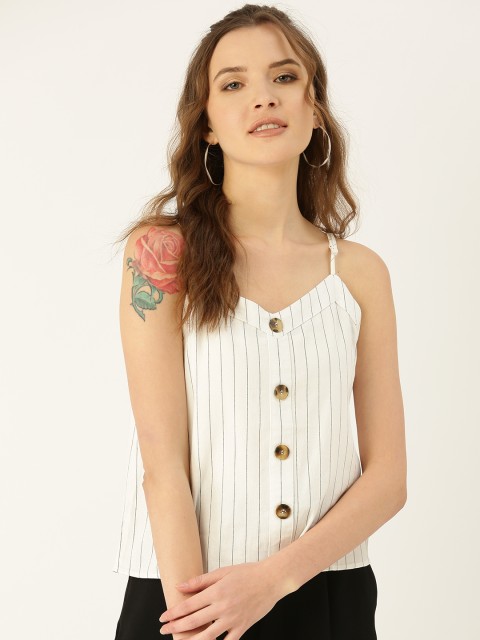 

COVER STORY Women White & Black Striped Adjustable Shoulder Straps Top