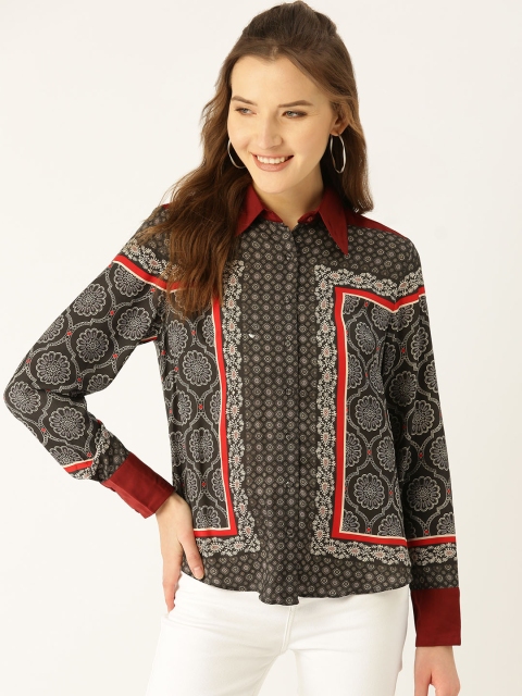 

COVER STORY Women Charcoal Grey & Off-White Regular Fit Printed Casual Shirt