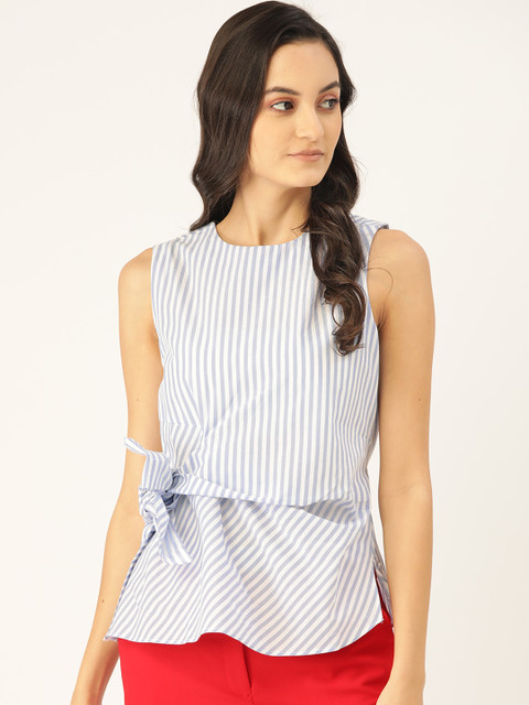 

COVER STORY Women Blue & White Bow Detail Striped Top