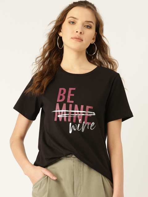 

COVER STORY Women Black & Pink Printed Round Neck T-shirt