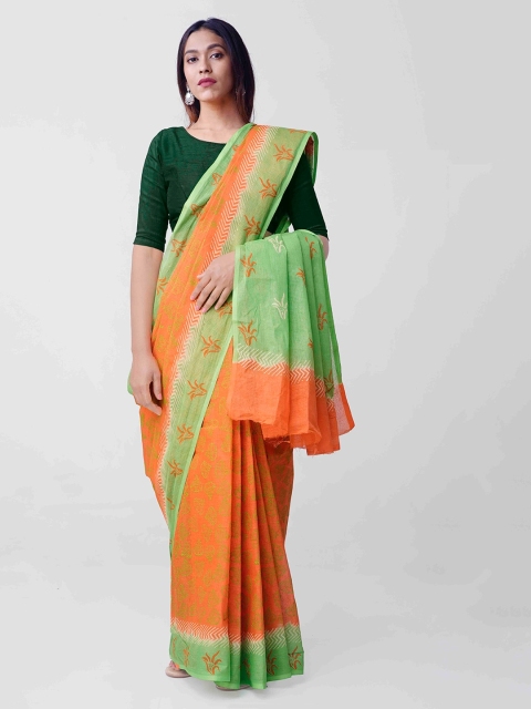 

Unnati Silks Orange & Green Kota Organza Cotton Sustainable Saree with Hand Block Prints