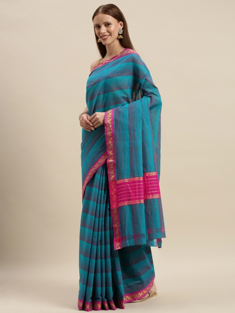 

The Chennai Silks Teal Blue & Pink Pure Banahatti Cotton Striped Saree