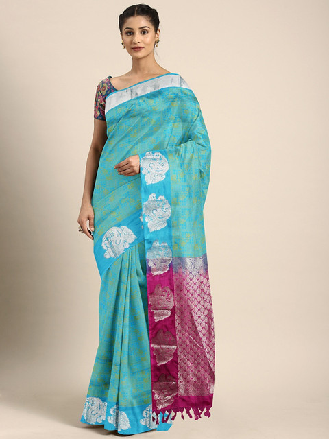 

The Chennai Silks Blue & Olive Green Pure Silk Woven Design Kanjeevaram Saree