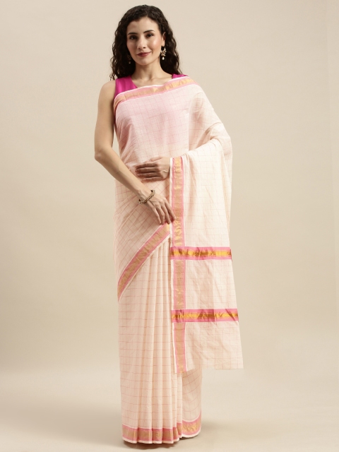 

The Chennai Silks Off-White & Pink Pure Cotton Checked Kasavu Saree