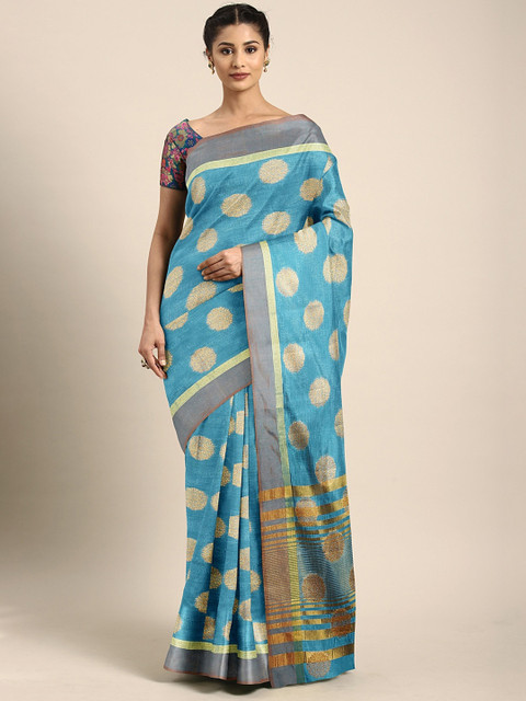 

The Chennai Silks Blue & Golden Poly Silk Woven Design Saree