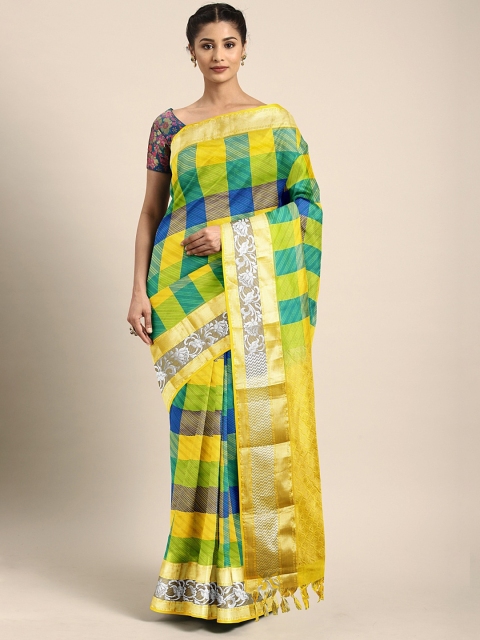 

The Chennai Silks Yellow & Green Pure Silk Checked Dharmavaram Saree