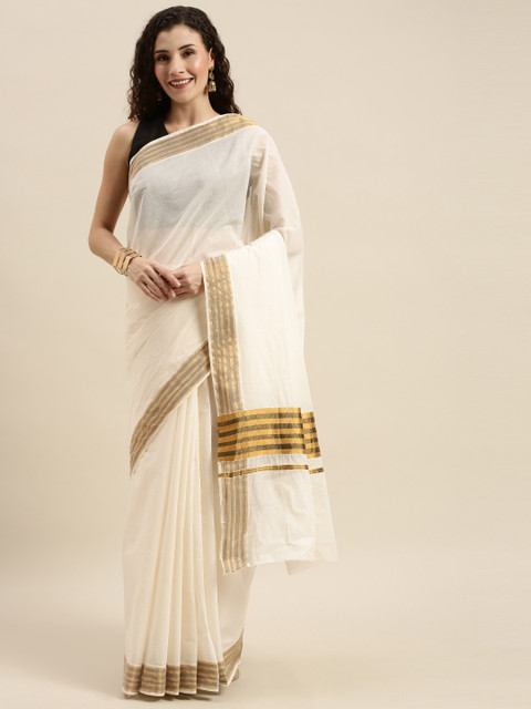 

The Chennai Silks Classicate Off-White & Golden Pure Cotton Solid Kasavu Saree