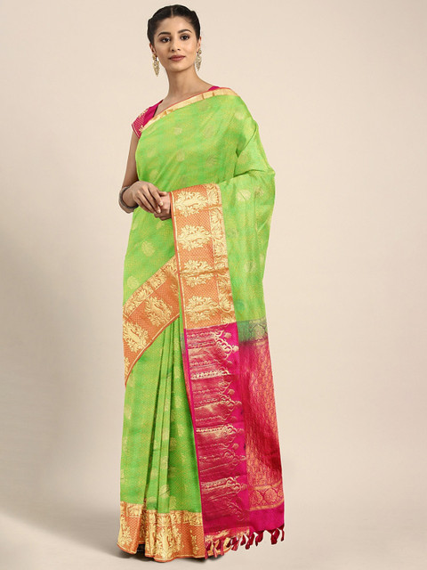 

The Chennai Silks Classicate Green & Magenta Pink Pure Silk Woven Design Dharmavaram Saree