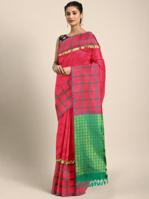

The Chennai Silks Coral Red & Green Pure Silk Woven Design Dharmavaram Saree