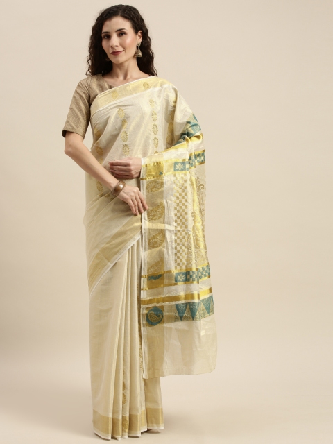 

The Chennai Silks Classicate Off-White & Gold-Toned Pure Cotton Solid Kasavu Saree