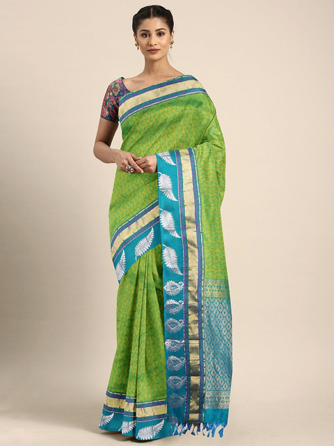 

The Chennai Silks Green & Blue Pure Silk Woven Design Dharmavaram Saree