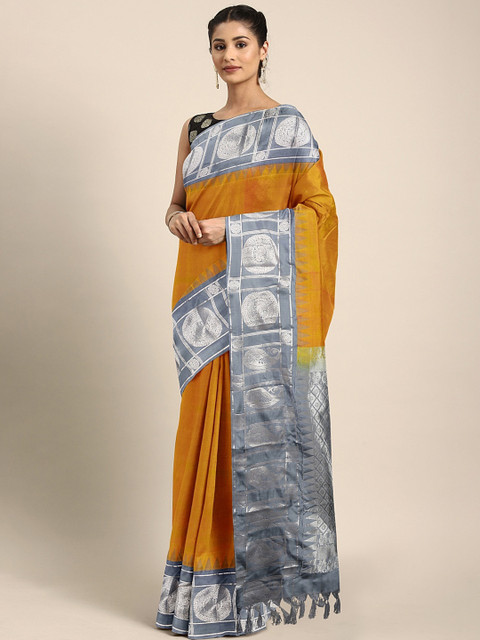 

The Chennai Silks Mustard & Grey Pure Silk Woven Design Kanjeevaram Saree