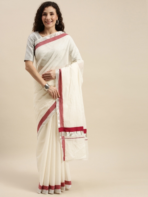 

The Chennai Silks Classicate Off-White & Maroon Pure Cotton Solid Kasavu Saree