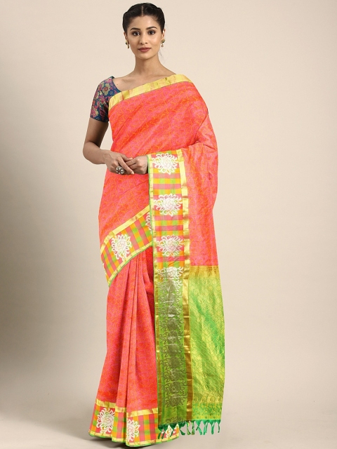 

The Chennai Silks Classicate Coral Pink & Green Pure Silk Woven Design Dharmavaram Saree
