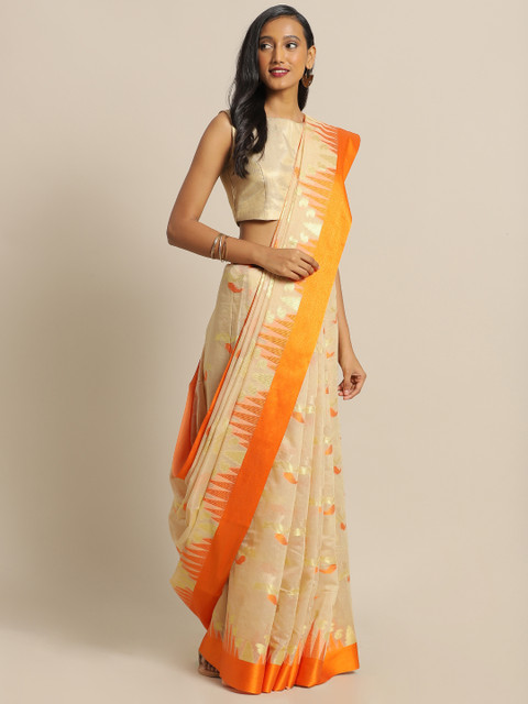 

The Chennai Silks Beige & Orange Cotton Blend Woven Design Chanderi Saree