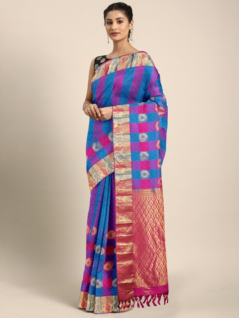 

The Chennai Silks Blue & Pink Pure Silk Checked Dharmavaram Saree