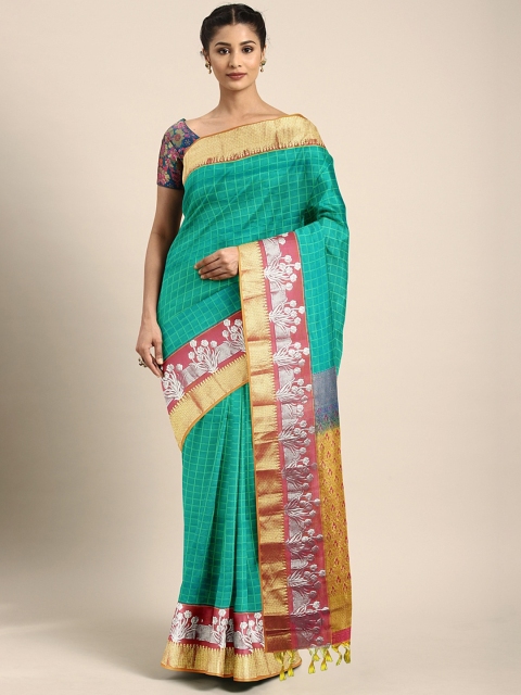 

The Chennai Silks Classicate Sea Green & Pink Pure Silk Checked Dharmavaram Saree