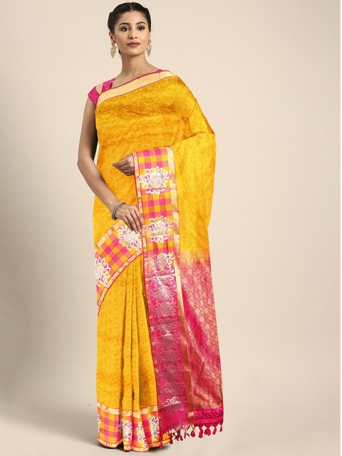 

The Chennai Silks Classicate Yellow & Pink Pure Silk Woven Design Dharmavaram Saree