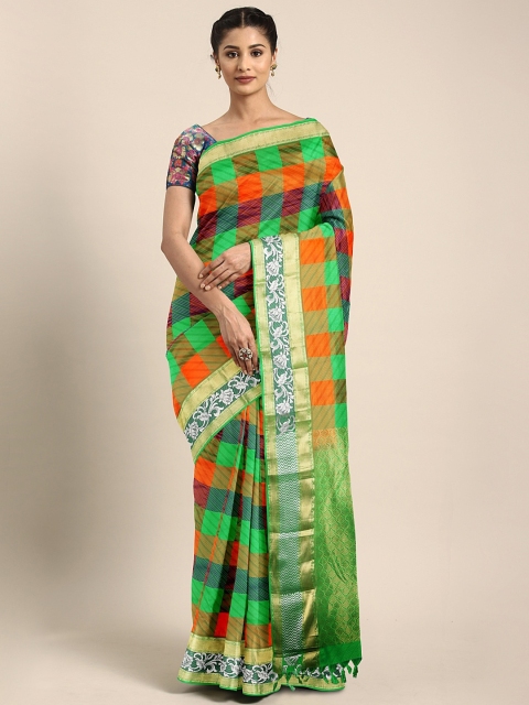 

The Chennai Silks Green & Orange Pure Silk Checked Dharmavaram Saree