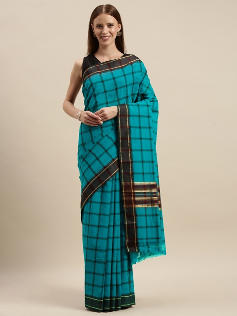 

The Chennai Silks Classicate Turquoise Blue & Black Pure Cotton Checked Saree