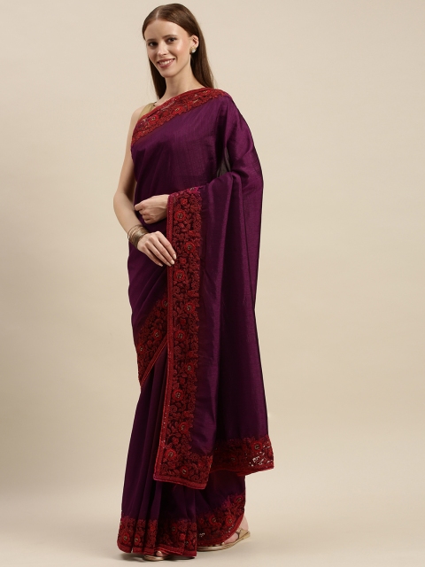 

The Chennai Silks Classicate Burgundy Solid Silk Blend Saree with Embroidery