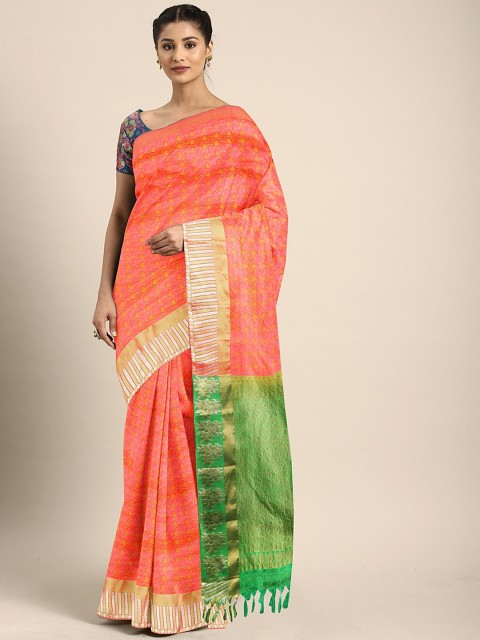 

The Chennai Silks Classicate Coral Orange & Green Pure Silk Woven Design Dharmavaram Saree