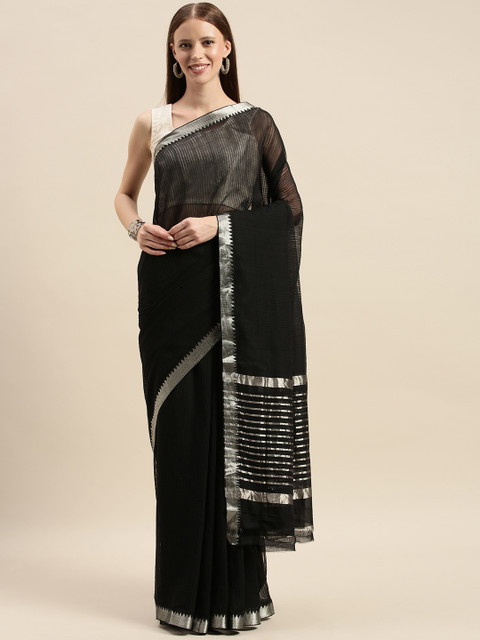 

The Chennai Silks Black & Silver-Toned Pure Cotton Self-Striped SemiSheerMangalagiri Saree