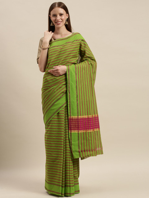 

The Chennai Silks Classicate Green & Pink Pure Cotton Striped Saree