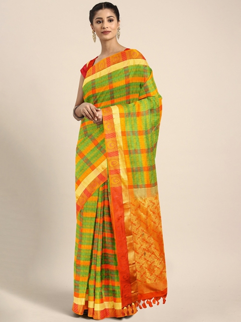 

The Chennai Silks Classicate Green & Red Pure Silk Checked Dharmavaram Saree