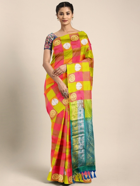 

The Chennai Silks Orange & Pink Pure Silk Checked Kanjeevaram Saree