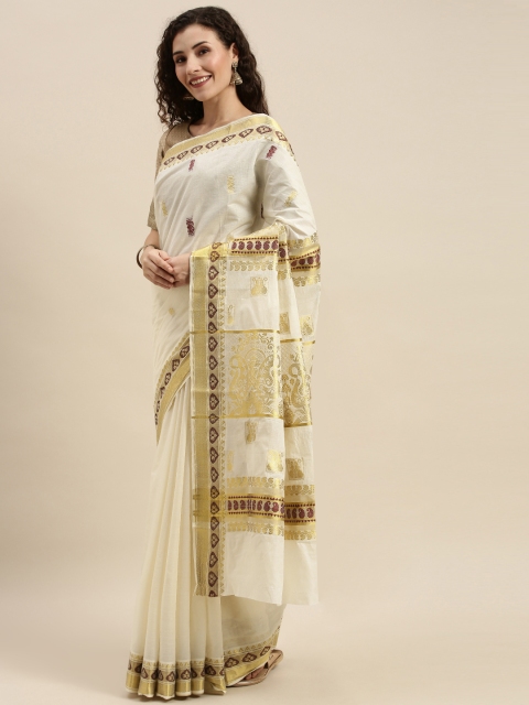 

The Chennai Silks Classicate Off-White & Gold-Toned Pure Cotton Solid Kasavu Saree