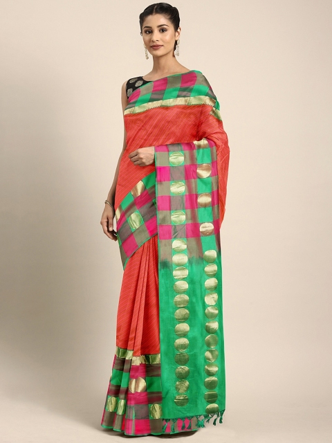 

The Chennai Silks Classicate Orange & Green Pure Silk Colourblocked Dharmavaram Saree