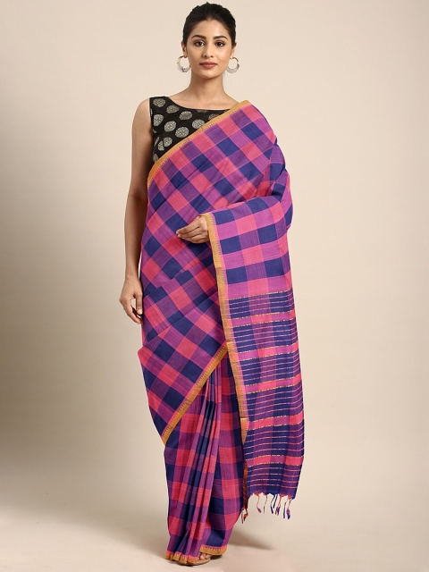 

The Chennai Silks Classicate Blue & Peach-Coloured Pure Cotton Checked Mangalagiri Saree, Navy blue