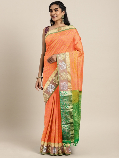 

The Chennai Silks Orange Pure Silk Woven Design Dharmavaram Saree