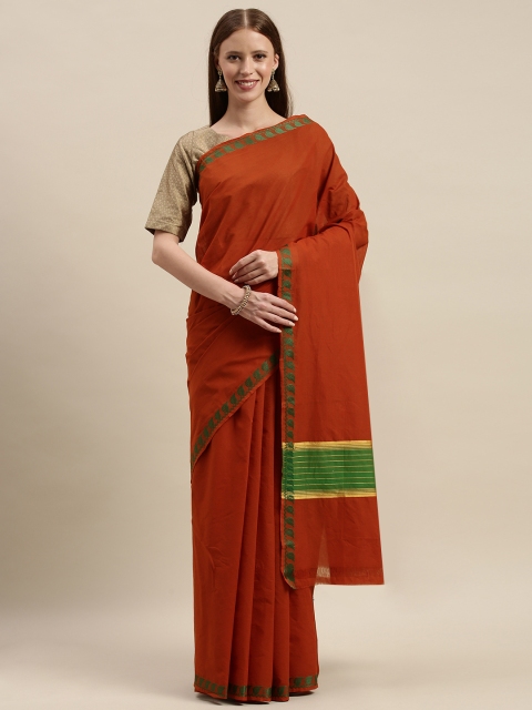 

The Chennai Silks Classicate Rust Brown & Green Pure Cotton Solid Saree