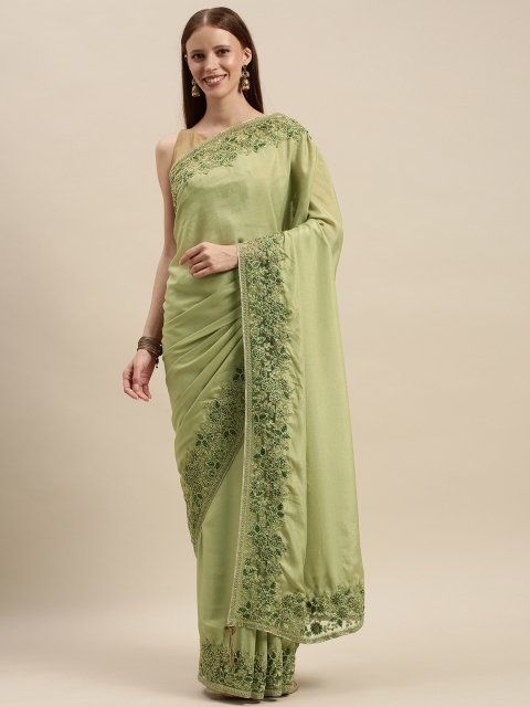 

The Chennai Silks Classicate Olive Green Solid Poly Georgette Saree with Embroidery